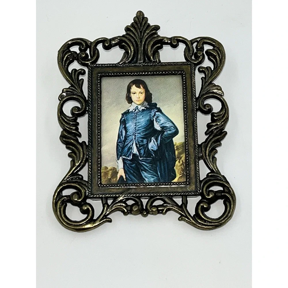Vintage Italian Miniature Brass Frames Pair The Blue Boy And Floral 4